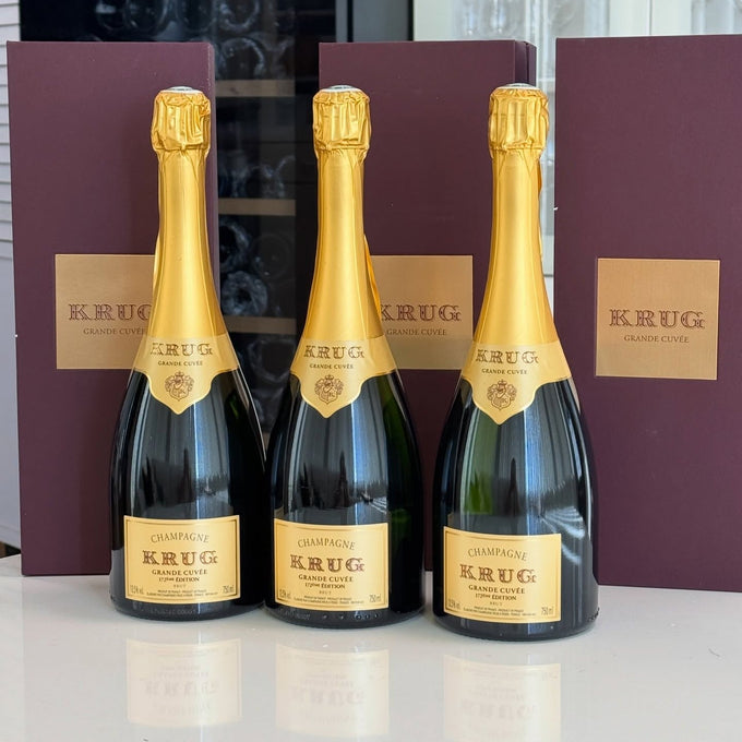Krug Champagne bottle, labels and packaging for storage and fill-level review