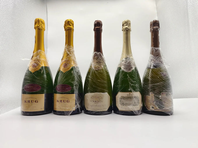Krug Champagne bottle, labels and packaging for bottle evidence preparation